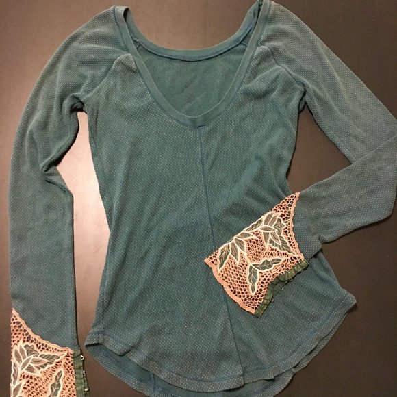 Free People Tops - Free People Teal Long sleeve Embellished cuff